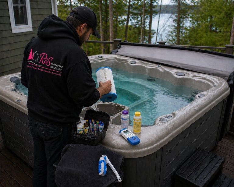 Person in black LAPS jacket performing maintenance on a hot tub with cleaning supplies on the deck
