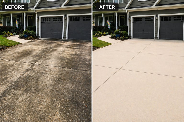 Before and after comparison of driveway cleaning, showing stained concrete transformed to clean light-colored surface with dark garage doors