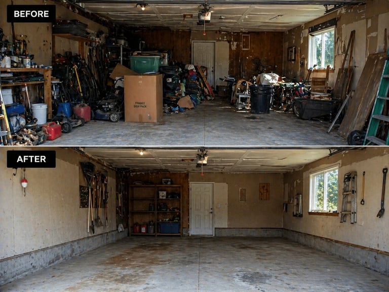 Before and after comparison of a garage cleaned and organized, with clutter removed and floor cleared.