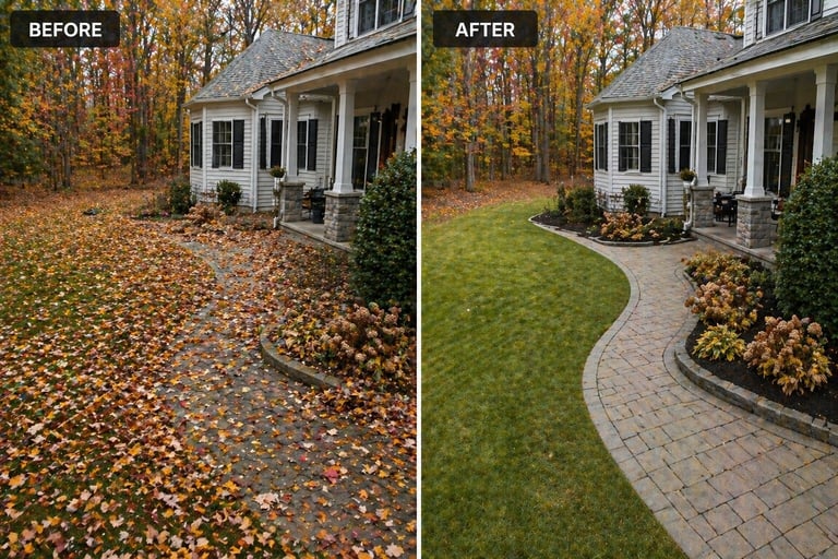 Before and after yard transformation showing fall leaves cleared, new paver walkway installed, and grass seeded at home entrance