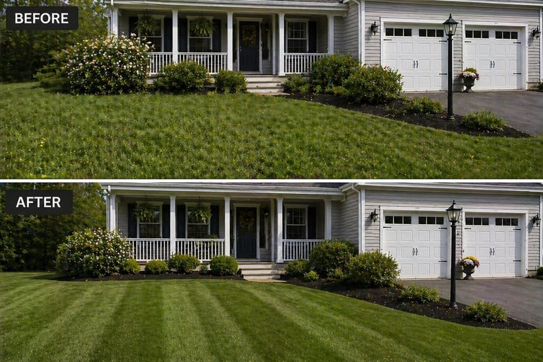Before and after lawn care comparison showing a residential home with unmowed grass above and professionally striped lawn below