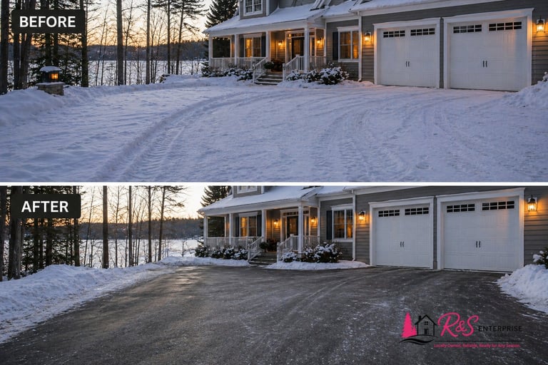 Before and after comparison of driveway clearing, showing snow-covered driveway transformed to clean asphalt with snow piles pushed aside
