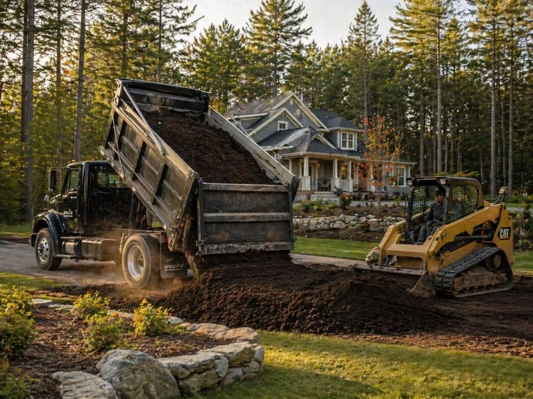 Dump truck unloading mulch and landscaping equipment working on residential property with large house in background