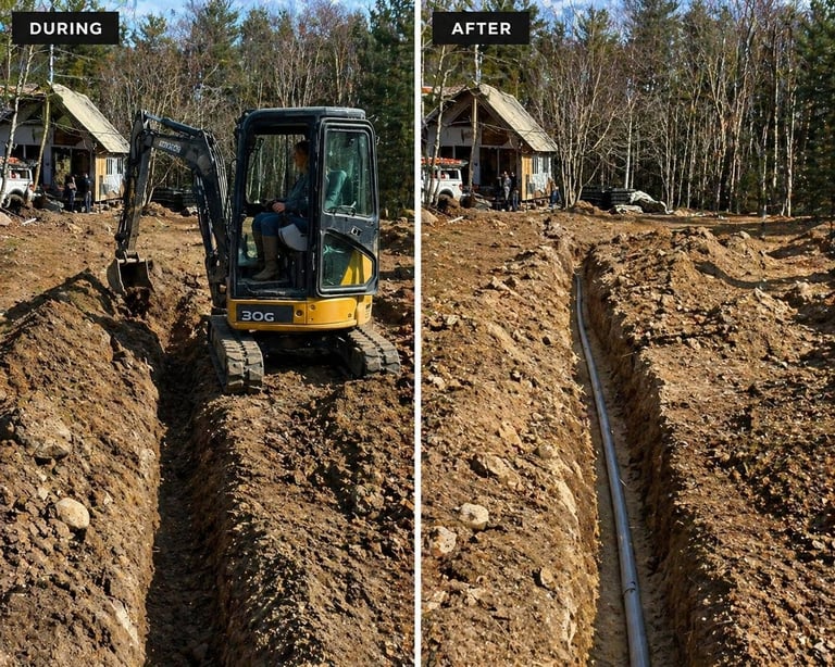 Before and after comparison of excavator digging a trench for pipe installation in forest setting
