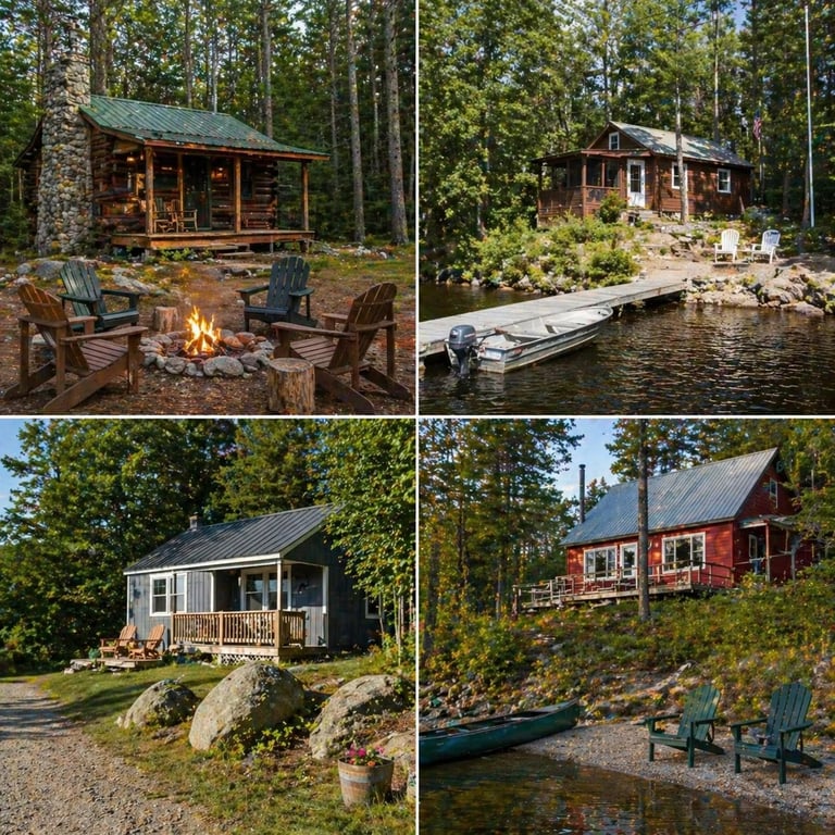Collage of four rustic cabins nestled in forest settings, featuring cozy fire pits, docks, and Adirondack chairs