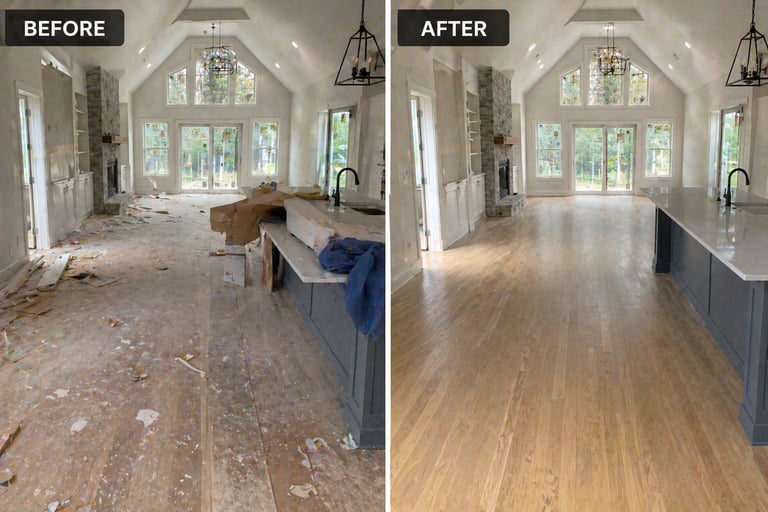 Before and after home renovation showing kitchen transformation from construction debris to finished wood flooring and clean cabinetry