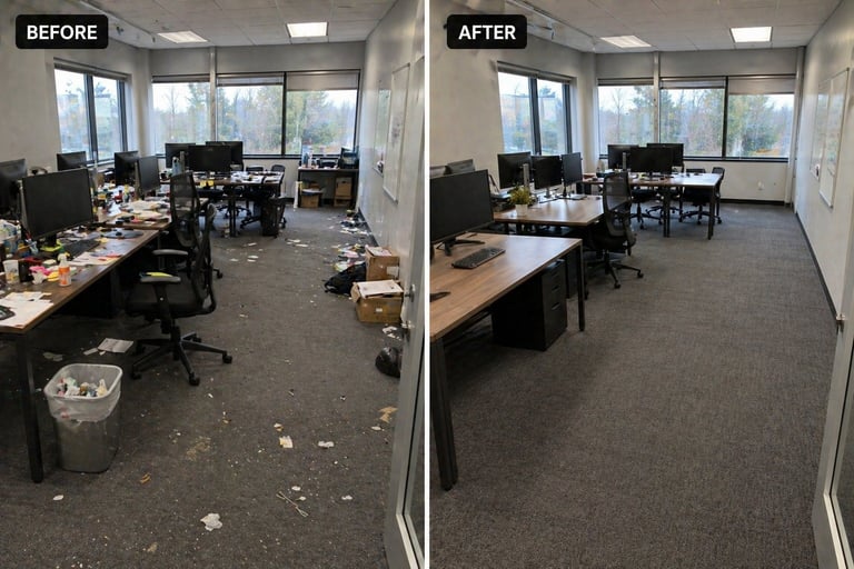 Before and after comparison of an office space transformation, showing cluttered messy workspace on left and organized clean office on right
