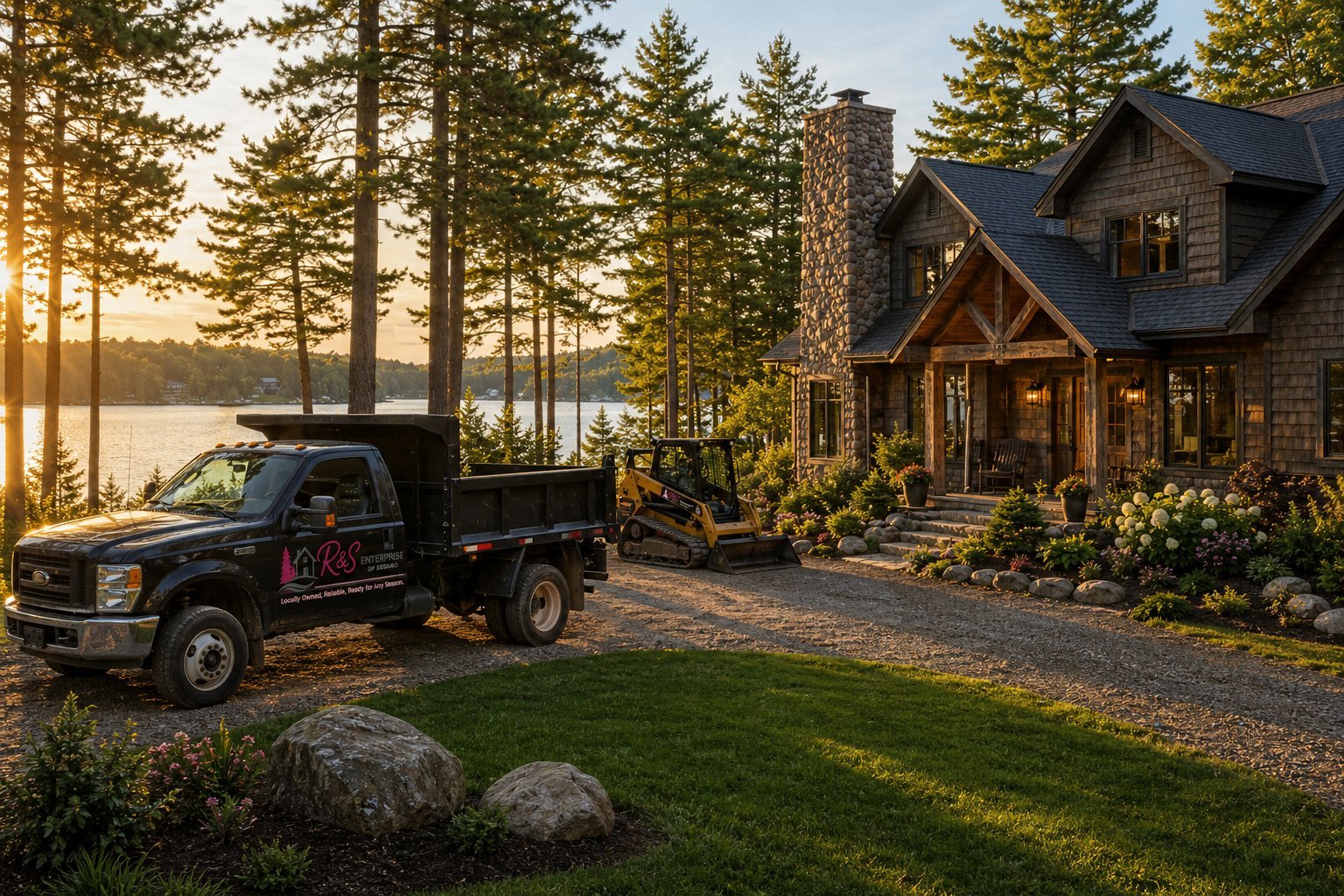 Black pickup truck parked in front of modern wooden lodge at sunset overlooking a lake surrounded by evergreen trees
