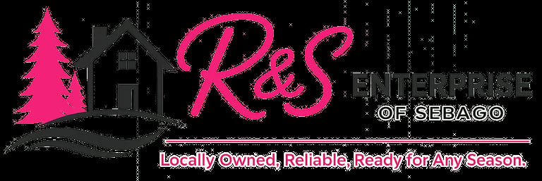 R&S Enterprise of Sebago logo with pink tree and house silhouettes and locally owned tagline