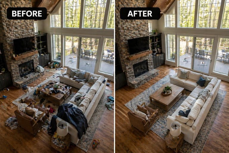 Before and after comparison of a living room decluttered and organized, showing transformation from messy to clean space